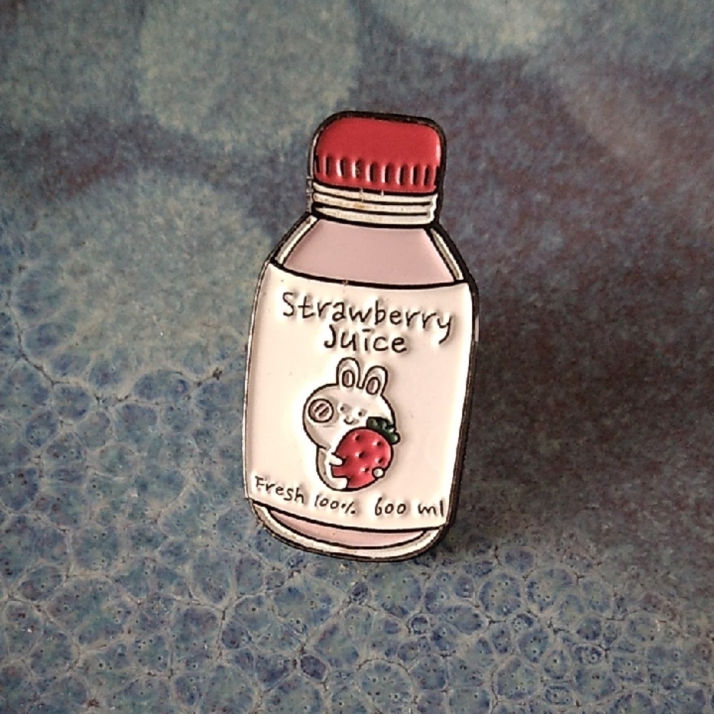 Strawberry Juice Bottle Enamel Pin - Red & White